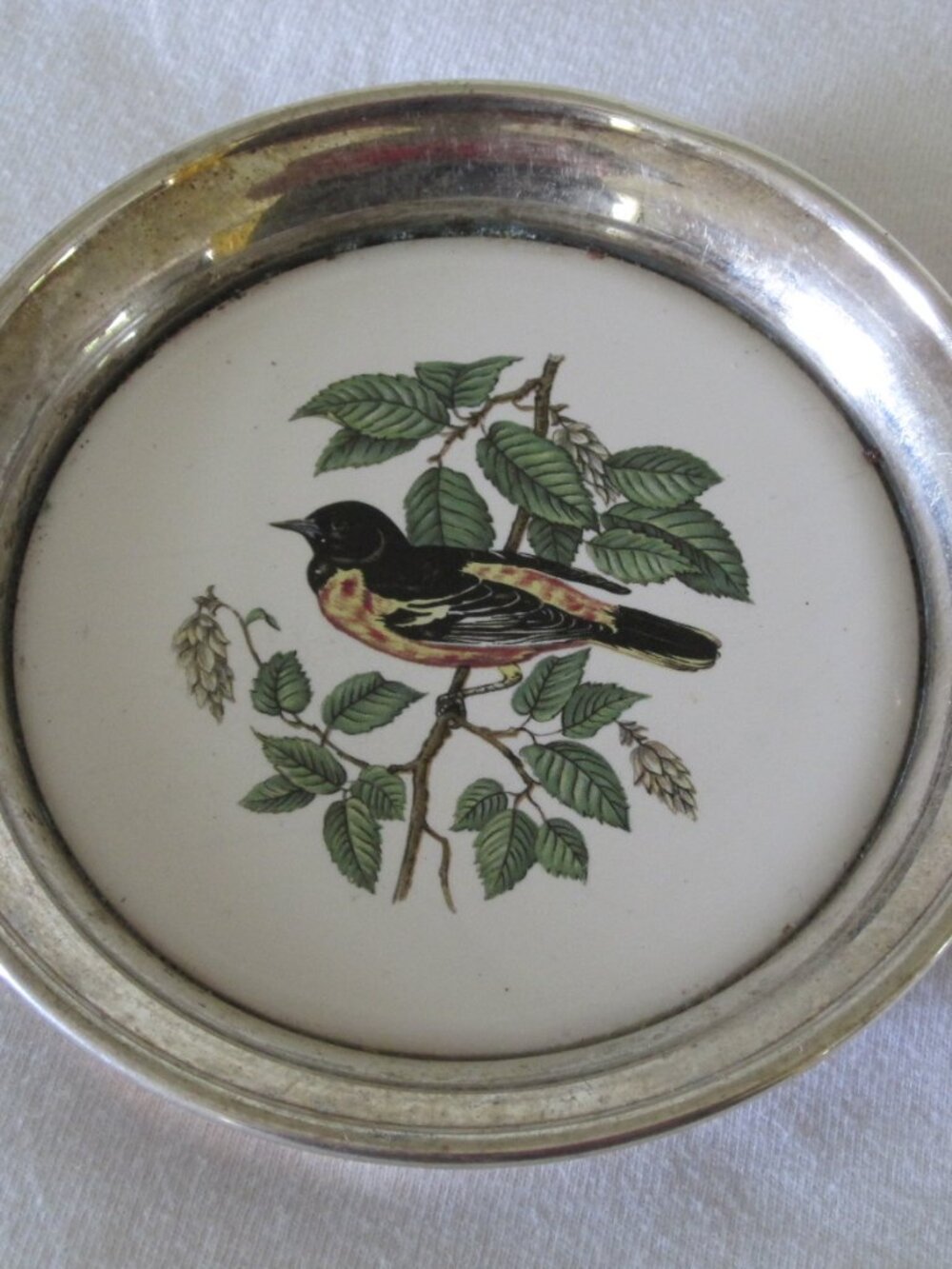 vintage Sheridan Silversmith's American Birds Silver-Plated / Ceramic 5" Coaster
